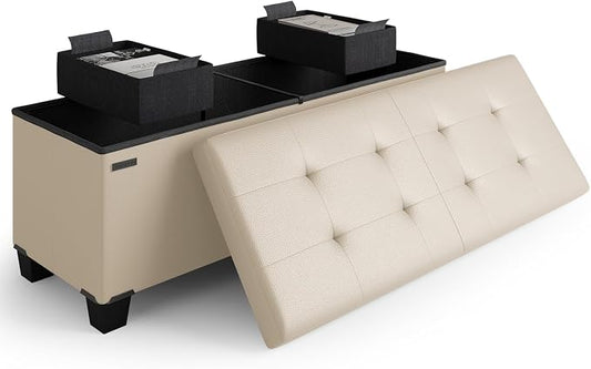 Storage Ottoman Bench with Bins, 43-in Storage Bench for Bedroom End of Bed, Folding Foot Rest Ottoman for Living Room Max 660lbs, Leather Ottomans, Beige
