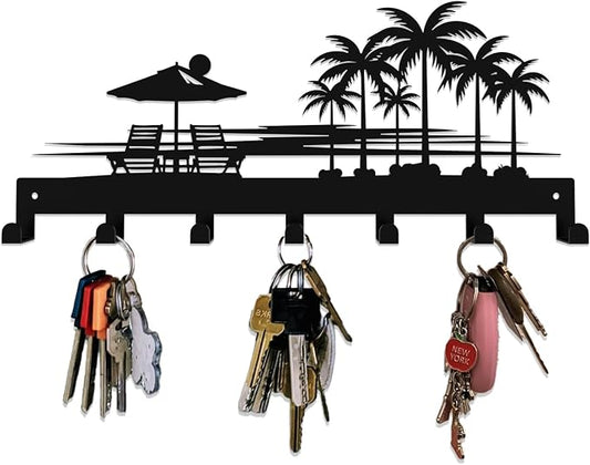 Tropical Style Key Holder Wall Mount with 7 Hooks, Key Hanger Organizer for Front Door, Hallway, Entryway & Office Decor, Featuring Sunset and Coconut Tree Design