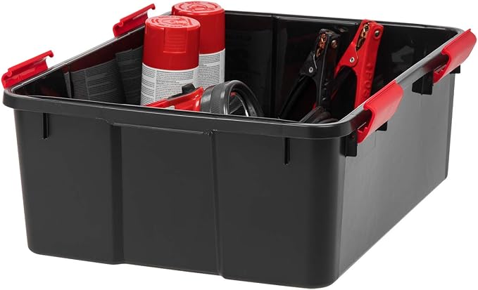 IRIS USA 4-Pack 31 Qt Storage Bins with Gasket Lids, Black/Red | WeatherPro seal protects everyday essentials in closets, offices and laundry rooms