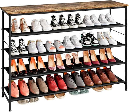 INGIORDAR 4 Tier Long Shoe Rack Storage Organizer Shelf for Closet Entryway | Spacious design,Large-Capacity stores 24 Pairs of Shoes for Closet,Entryway,Bedroom,Living Room,Garage,Black+Rustic Brown