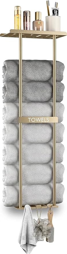 2-Tier Wall-Mounted Towel Rack with Hooks & Shelf, Black Metal Towel Holder for Small Bathrooms (Gold)