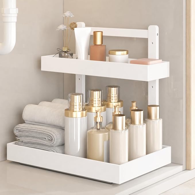 Bamboo Under Sink Organizer, 2-Tier Pull Out Cabinet Organizer | Kitchen Sink Organizer | Bathroom Cabinet Organizer | Cleaning Supply Storage | L-Shape | 3-Level Adjustable | Natural Bamboo