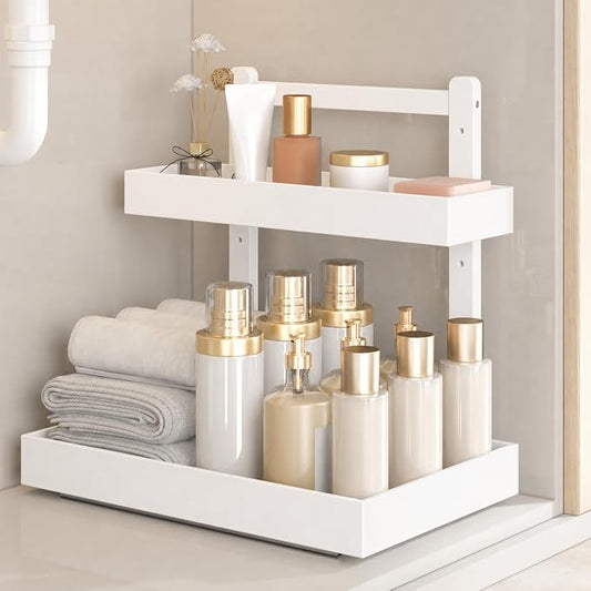 Bamboo Under Sink Organizer, 2-Tier Pull Out Cabinet Organizer | Kitchen Sink Organizer | Bathroom Cabinet Organizer | Cleaning Supply Storage | L-Shape | 3-Level Adjustable | Natural Bamboo