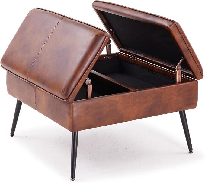 Square Ottoman with Storage Coffee Table Large Upholstered Brown | Mid-Century Modern Ottoman w/ Double Flip-Lid Metal Legs Padded Seat for Living Room Bedroom, Faux Leather, Loads 660 lbs