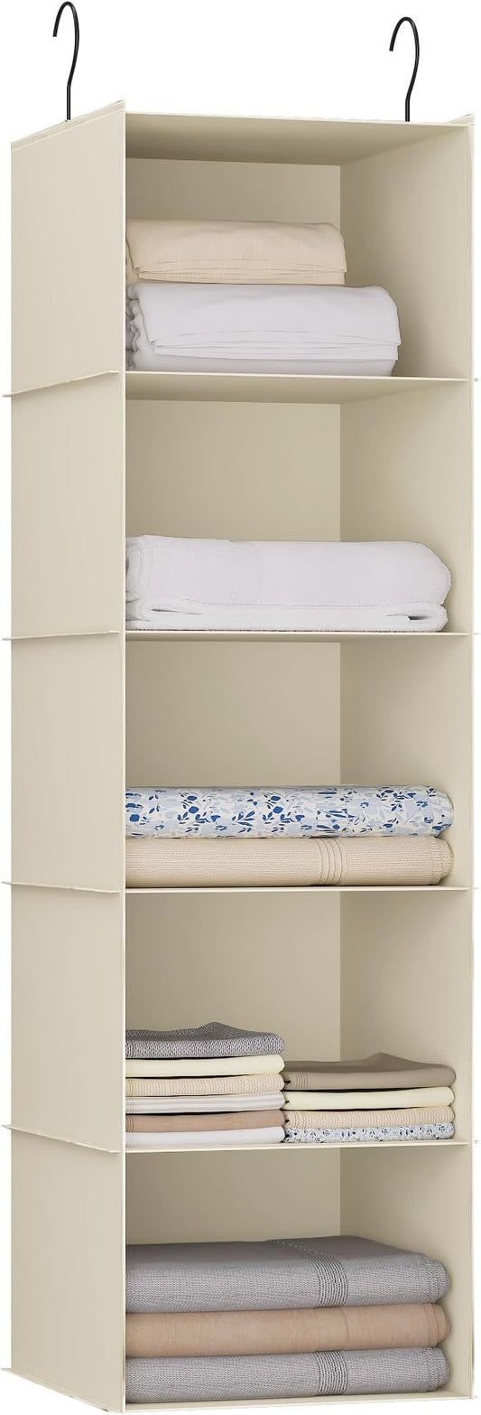 Hanging Closet Organizer 5-Shelf, Oxford Fabric Wardrobe Storage, Beige | Easy-mount foldable design holds clothes, handbags, shoes & accessories; washable Oxford fabric, sturdy and space-saving.