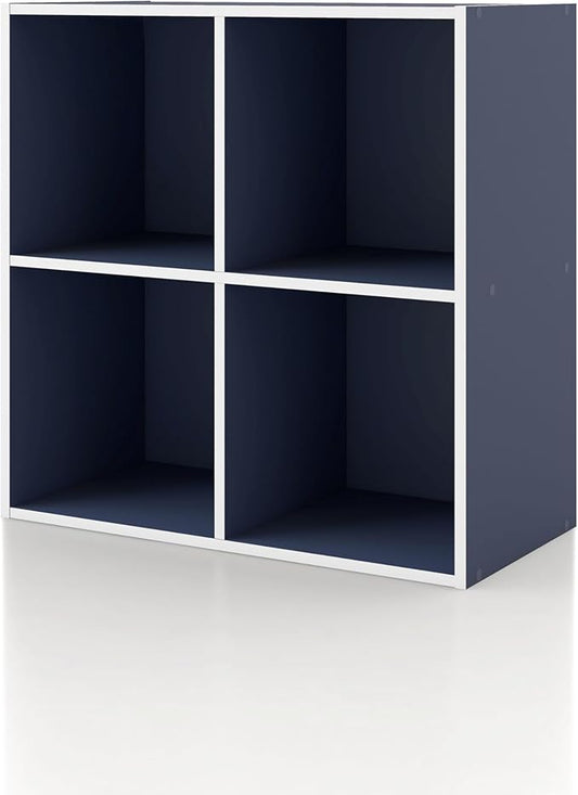Homes: Inside + Out Apexa 4-Cube Storage Organizer Shelves, Stackable Wood Bookcase Fits Cubby Bins for Organization, Dorm Teen Room Decor & Home Office, Steel Blue