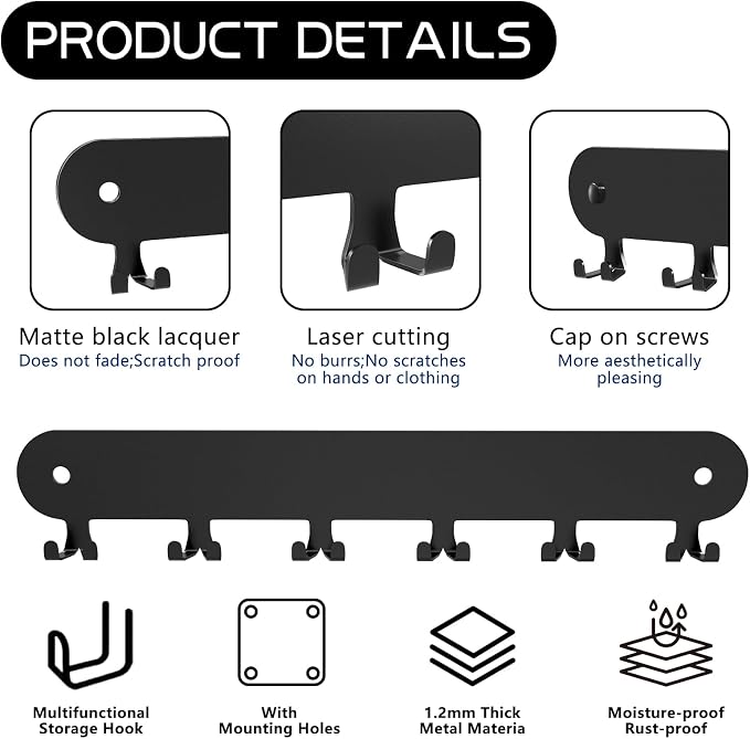 2 Pack Key Holder for Wall, Key Hooks, Key Holder Wall Mount Self Adhesive | Key Rack Wall Mount for Wall No Drill for Living Room, Kitchen, Bathroom, Garage (Black, 12 Hooks)