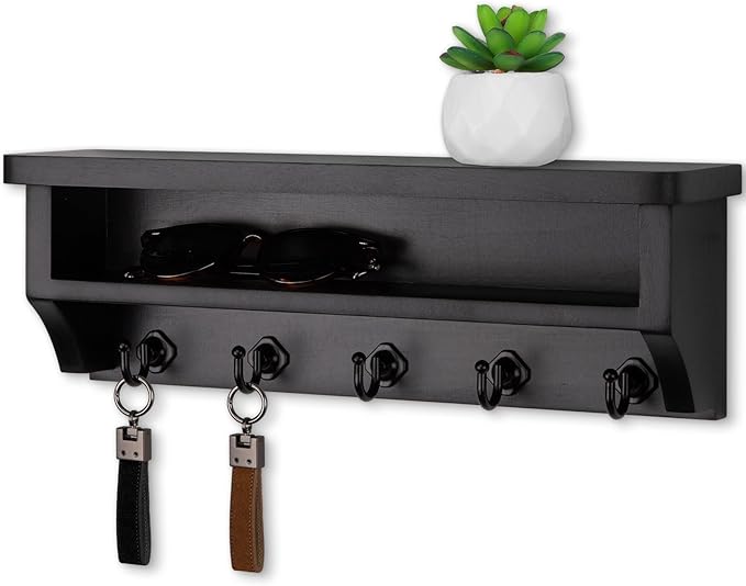 Nekon Key Holder Wall Mount, Wall Organizer Shelf with 5 Key Hooks, Room Decor for Home and Apartment Essentials, Black