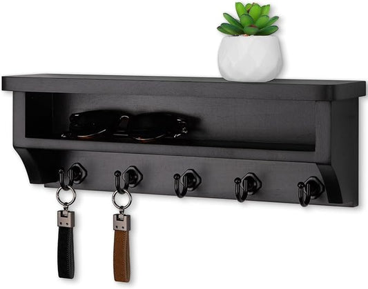 Nekon Key Holder Wall Mount, Wall Organizer Shelf with 5 Key Hooks, Room Decor for Home and Apartment Essentials, Black