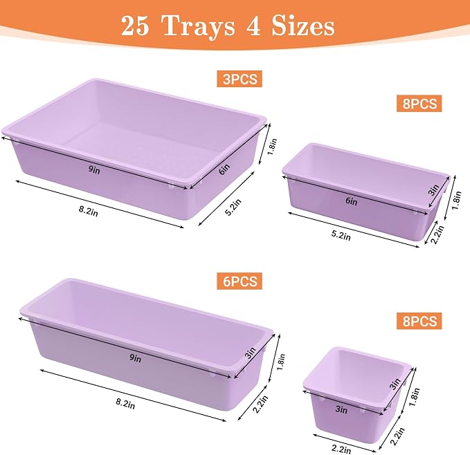 SpaceHacks 25 PCS Plastic Drawer Organizer Set, 4-Size Versatile Organizer Trays & storage Bins for Makeup, Jewelry, and Gadgets in Bathroom, Bedroom and Office, Purple