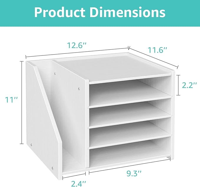 4-Tier White Wood Desk Paper Organizer, Modern Desktop Letter Tray for File Folders, White Office Desk Shelf Accessories & Workspace Organizers for A4 Documents, Sturdy Wood Sorter