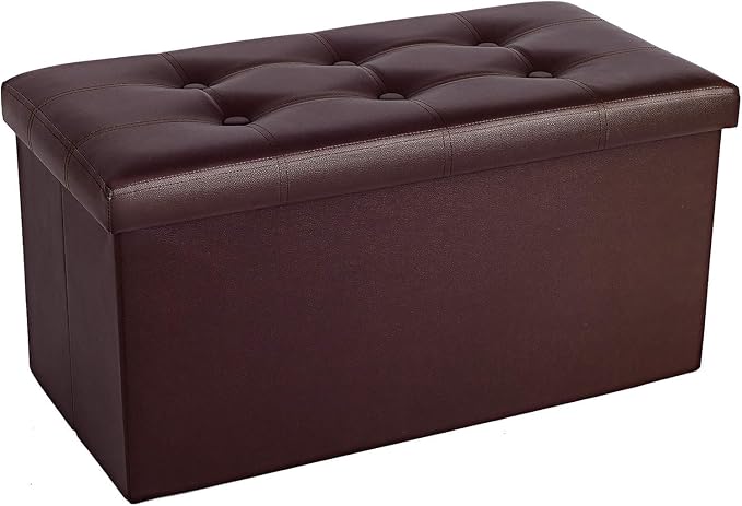 COSYLAND Ottoman Bench with Storage large-30x15x15in Folding Leather Ottoman, Rectangle Foot Stool Foldable Storage Chest Footrest Footstool Collapsible with Lid for Bedroom Living Room Brown