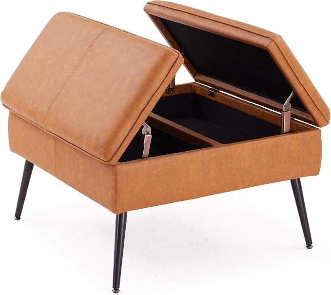 Square Ottoman with Storage Coffee Table Large Upholstered Cognac | Mid-Century Modern Ottoman w/ Double Flip-Lid Metal Legs Padded Seat for Living Room Bedroom, Faux Leather, Loads 660 lbs
