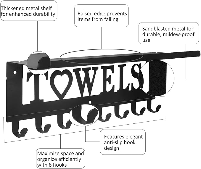 IBosins Towel Rack with Metal Shelf Bathroom Towel Holder 8 Hooks Black | 16-Inch Towel Hanger Wall Mounted Robes, Clothes, Towels Organizer for Bathroom, Hot Tub, Kitchen, Bedroom, Home