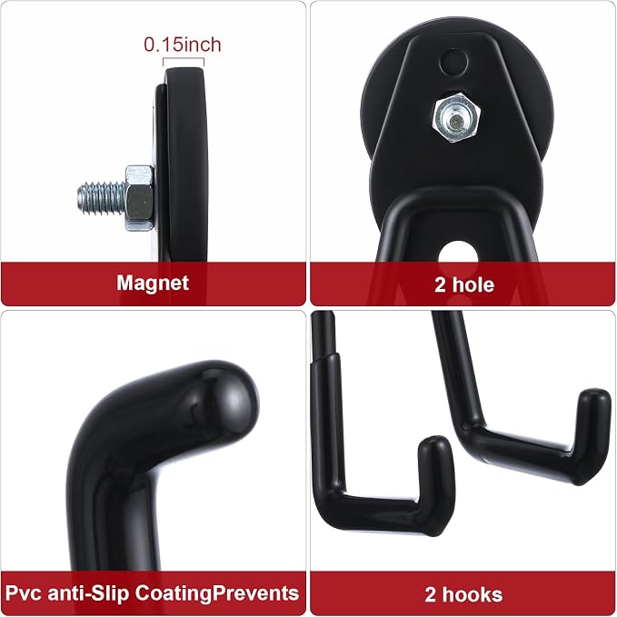 Landhoow 6 Pcs Large Magnetic Hooks Heavy Duty Garage Magnet Hooks Strong Storage Utility Magnetic Hangers with Anti Slip Rubber Coating for Indoor and Outdoor Hanging (Black)