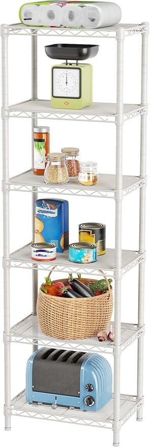 SINGAYE Metal Shelves Wire Shelving Storage Standing Adjustable Shelf Unit | 6 Tier Mesh Units Shelf for Kitchen Laundry Bathroom Closet Organizers Pantry Narrow Home Rack 10" D x 16" W x 63" H White