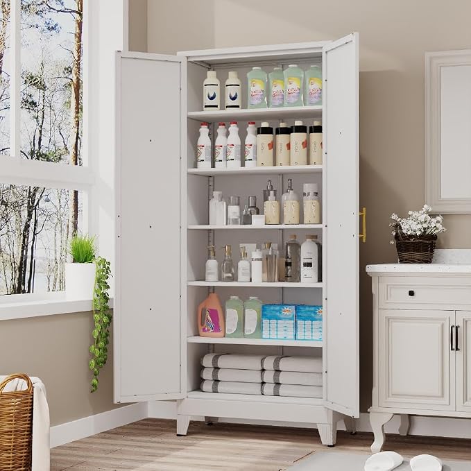 75.2" Tall Metal Kitchen Pantry Storage Cabinet, Freestanding Cupboard with 2 Doors and 5 Adjustable Shelves, Standing Storage for Kitchen, Bathroom, Garage, Dinning Room or Utility Room