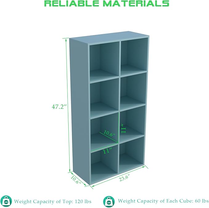 OSCHF 8-Cube Storage Shelf Bookcase, Light Blue | Wooden 4-Tier Open Bookshelf, Fits 11×11" Bins, Vertical or Horizontal Use, Full Back Panels, For Home Office