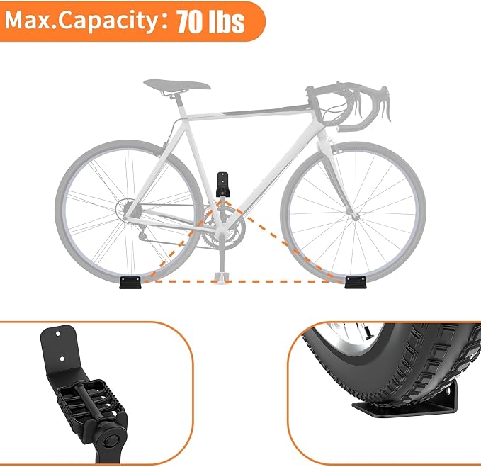 WALMANN 3 Pack Bike Pedal Hanger Wall Mount, Heavy Duty Horizontal Bike Rack for Garage Wall, Bike Display Stand for Home Holds Up to 70 LBS