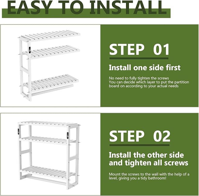 Galood Over The Toilet Storage Bathroom Shelves Wall Mounted 3 Tier Space Saver Corner Shelf Organizer Bamboo Towel Rack Toilet Paper Cabinet with Hanging Rod White