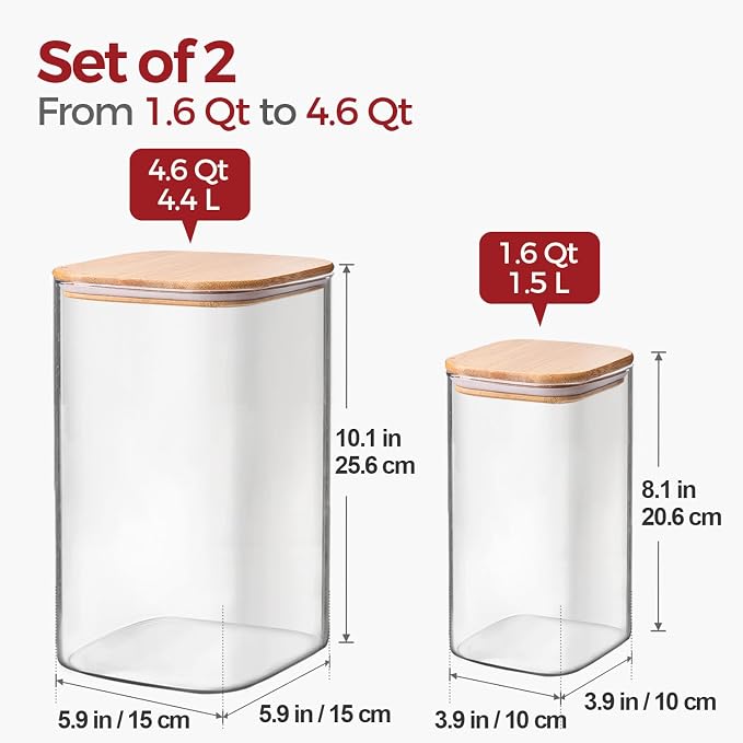 Glass Flour Containers with Bamboo Lids 1.6/4.6 Qt 2 Pack | Wide Mouth, Scoop Included, Kitchen Organizer，Flour Sugar Coffee Beans Pasta Cereal Dry Food Storage