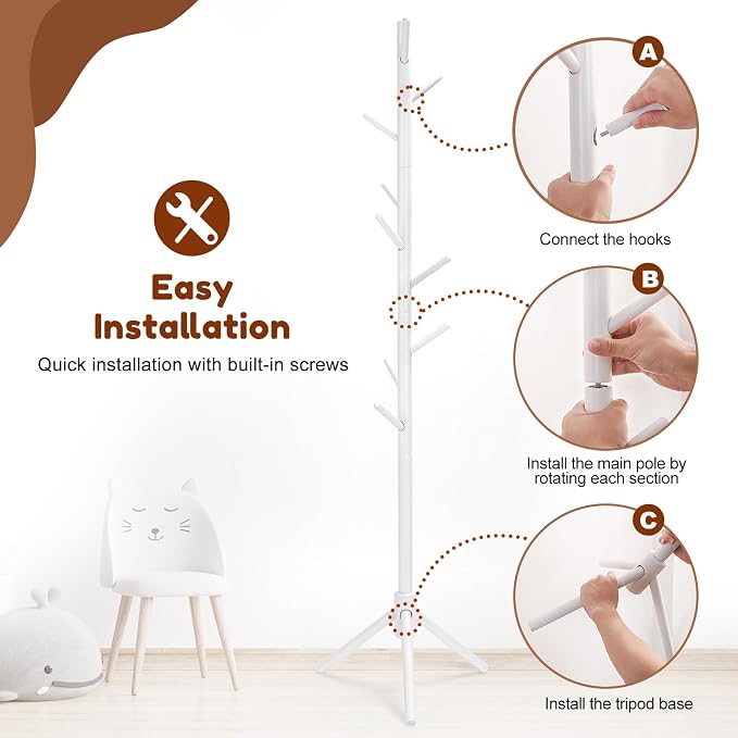 Cozivolife Kid's Coat Rack Stand: Height Adjustable with 9 Hooks (White) | Beech Wood Coats Tree for Cloth Hats and Handbags - Freestanding Child Clothes Racks for Hallway Entryway Bedroom
