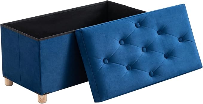 BRIAN & DANY 30 Inches Folding Storage Ottoman Bench, Ottoman with Storage for Living Room, with Wooden Feet and Lid, Blue
