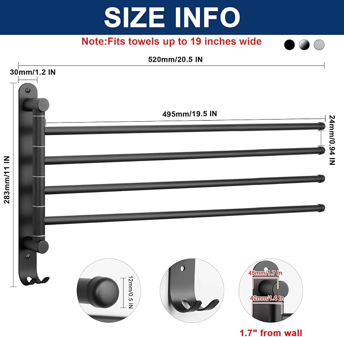 NearMoon Swivel Towel Rack, 19.5" Thicken 304 Stainless Steel 4-Arm Towel Bar, Space Saving Wall Mounted Towel Holder with Hook, Rustproof Swing Out Towel Hanger for Bathroom, Kitchen (Matte Black)