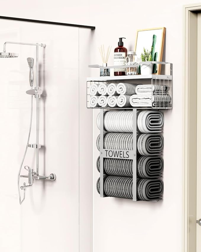 Towel Racks for Bathroom Wall Mounted - Bath Wall Towel Holder Set Above Toilet Storage, Rolled Towel Shelf Organizer for Small Bathroom, Wood Vertical Towel Rack for Bathroom Wall Decor Silver