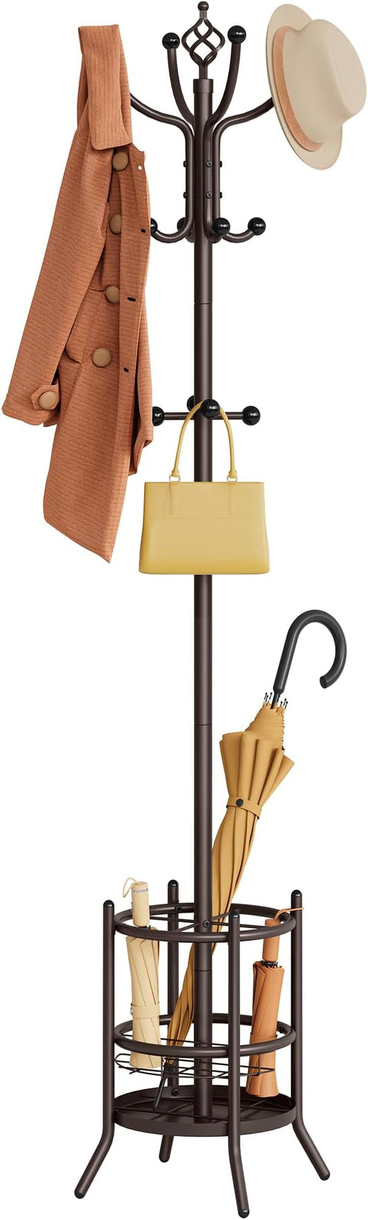 Tajsoon Coat Rack with Umbrella Stand, Coat Tree With 16 Hooks, Brown | 2-In-1 Design, Coat Rack Freestanding, Durable & Stable, Space-Saving, For Living Room, Bedroom, Office