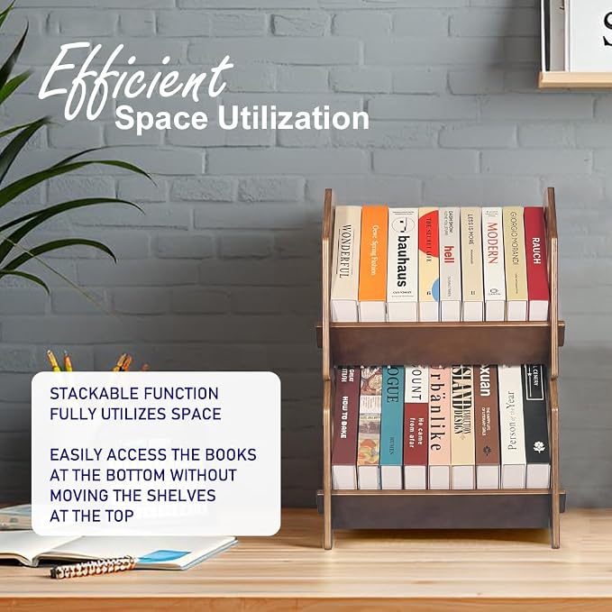 2 Pack Desktop Bookshelf, Stackable Book Organizer with Handle, storage rack for CD/Magazine/File Folder, Portable Small bookshelf for Study, Living room, Kid's room, No Nails, Medium Size