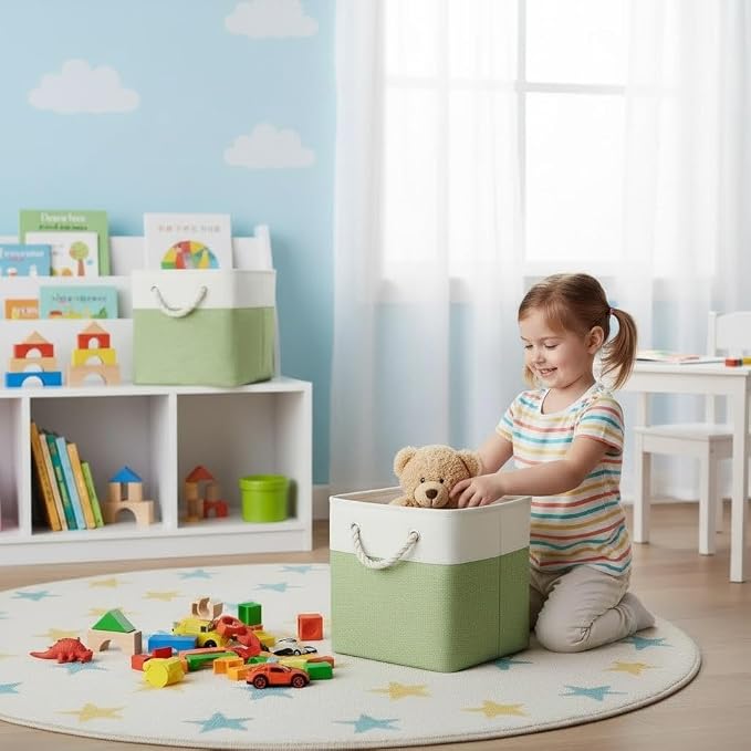 Cube Storage Bins, Collapsible Fabric Storage Cubes Bins, 11 Inch Cube Storage Bins with Handles, Foldable Storage Cubes (White/Green, 6Pack)