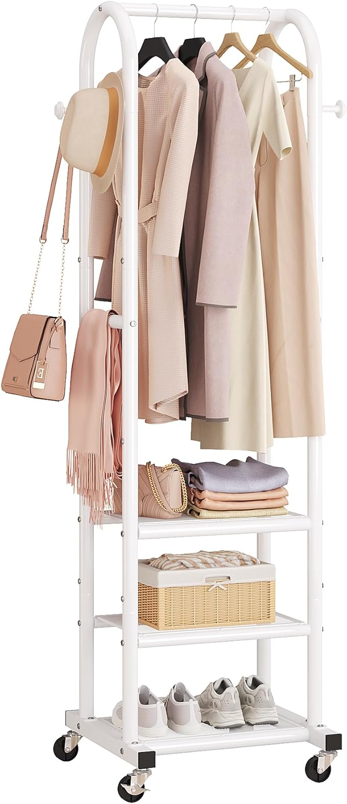 Dttwacoyh Clothing Rack with Wheels,Narrow Metal Garment Rack,White | Easy to install, 71.8 Inches Display Rack with 4 Side Hooks & 3 Shelves,for Small Flats, Bedroom, Entryway,White Clothes Rack