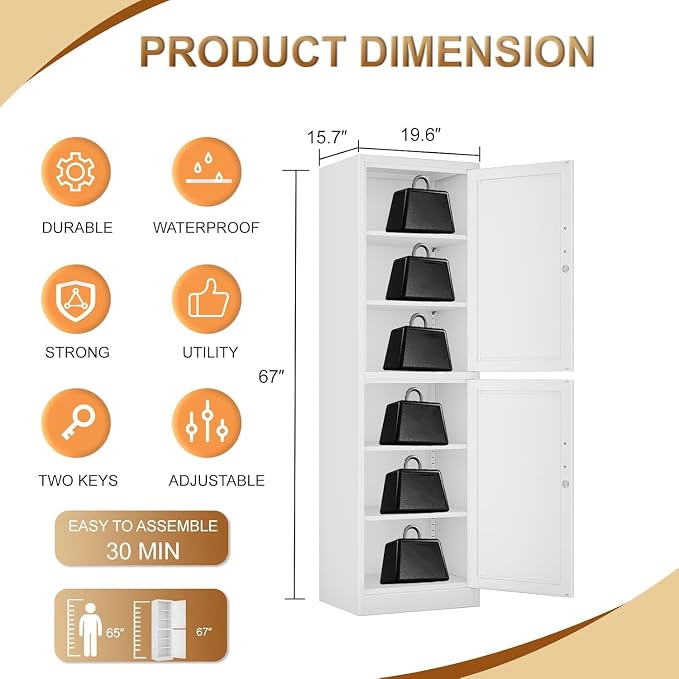 Tall Metal Narrow Bathroom Storage Locker Cabinet 67" H, Tall White Pantry Cabinets with 4 Adjustable Shelves and 2 Lockable Doors for Kitchen, Home Office, Living Room, Dining Room