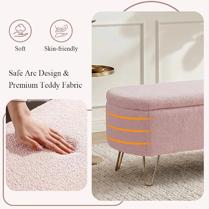 Modern Storage Ottoman Bench, Teddy Upholstered Entryway Bench with Gold Legs, Vintage End of Bed Bench with Safety Hinge, Padded Bench with Storage for Living Room, Bedroom, Entryway (Pink)
