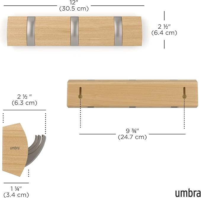 Umbra Flip Coat Rack, Wall Mount Retractable Hooks, 3-Hook, Natural/Nickel | Real wood and steel build, folds flat when not in use, holds coats bags and scarves, easy install
