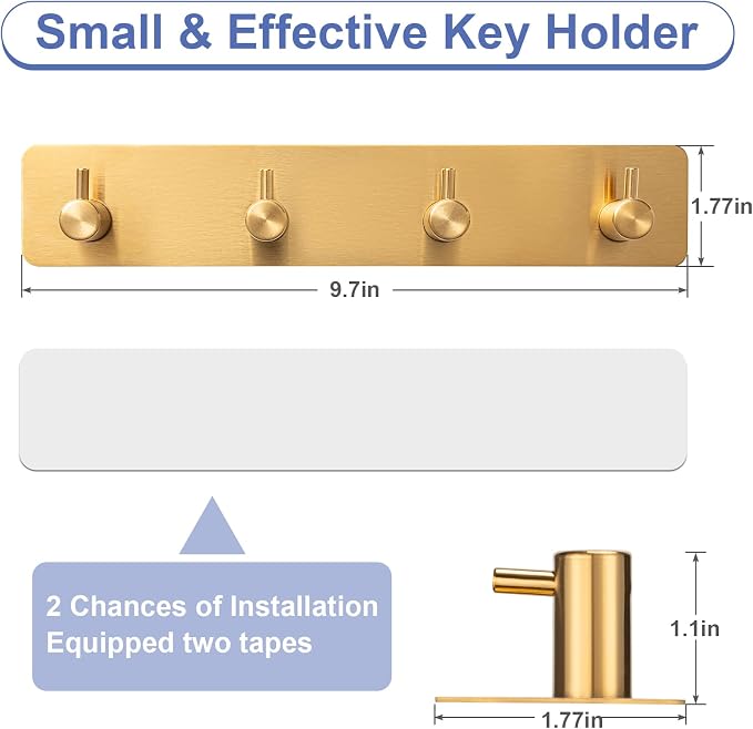 Key Holder with 4 Hooks,Adhesive Key Hanger Organizer for Wall Mount | Metal Key Rack with 2 Self-Adhesive Tapes for Entryway, Door, Bathroom, Kitchen(Golden)
