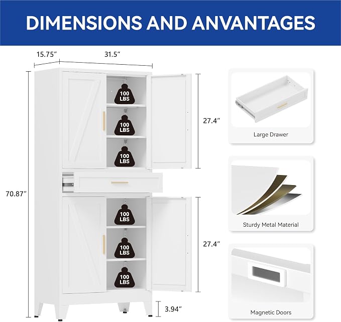 COFaR 71 in Tall Kitchen Pantry Cabinet with Drawer, Metal Pantry Storage Cabinet with 4 Adjustable Shelves and 4 Barn Doors, White Freestanding Farmhouse Food Cupboard for Dining Room