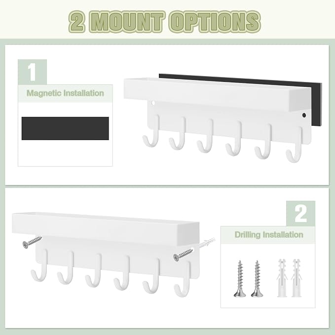 VIS'V Key Holder Wall Mount, Magnetic Key Rack with Tray, 6 Hooks, White | 2 Mount Options, Metal Material, Compact Discreet Design, for Fridge, Kitchen, Entryway, Hallway, Doorway, Garage, Camper