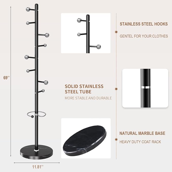 Coat Rack Stand, Black Metal Coat Rack Freestanding with 8 Hooks | Modern Coat Rack with Natural Marble Base,Modern Coat Hanger Stand, 3 Adjustable Coat Clothes Tree Stand for Office