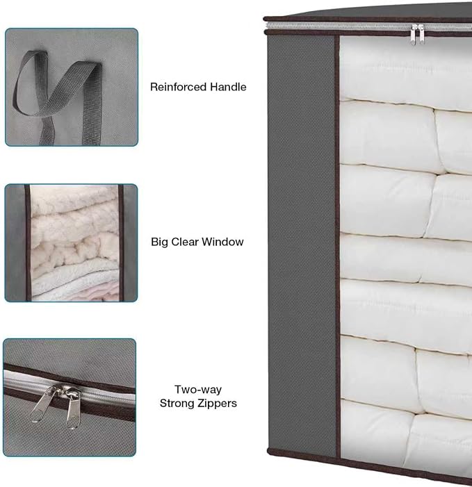 120L Extra Large Clothes Storage Bags, 3 Pack Blanket & Clothing Storage Bins, Foldable Closet Organizers with Clear Window and Reinforced Handles for Clothing, Blankets, Bed Sheets and Pillows