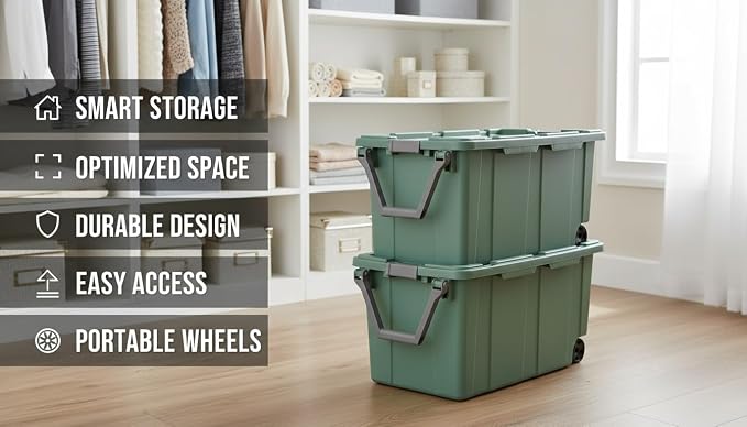 40 Gallon Light Green Rolling Industrial Storage Bins 2-Pack, Heavy-Duty Plastic with Leakproof Lid & Latches, Stackable for Garage Warehouse Equipment Transport