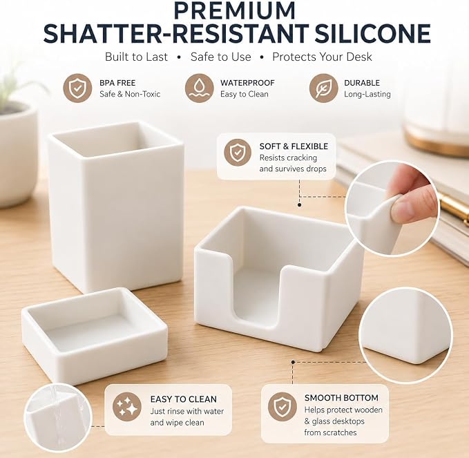 minimaliving Aesthetic Silicone Desk Organizer Set of 3,Modern Office Desk Accessories with Pen Holder,Paperclip Tray,Sticky Note Holder,Stylish Functional Office Desk Decor for Back-to-school(White)