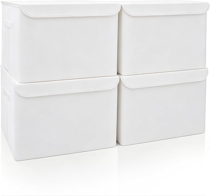Bagnizer Large 22 Quart Linen Fabric Foldable Storage Bin Cube Organizer Basket with Flip-Top Lid & Handles, Clothes Blanket Box for Home, Office, Closet, White, 4 Pack 14.6 x 9.5 x 9.5”