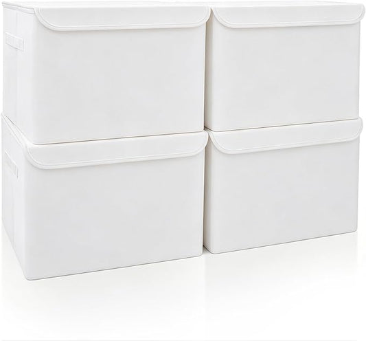 Bagnizer Large 22 Quart Linen Fabric Foldable Storage Bin Cube Organizer Basket with Flip-Top Lid & Handles, Clothes Blanket Box for Home, Office, Closet, White, 4 Pack 14.6 x 9.5 x 9.5”