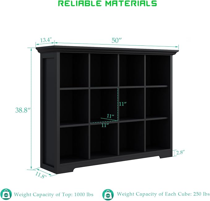 OSCHF 12-Cube Open Bookcase with Base, 3-Tier Wooden Bookshelf, Black | Curved Base, Crown Molding, Fits 11×11" Bins, Modern Storage Cabinet for Living Room, Bedroom, Home Office