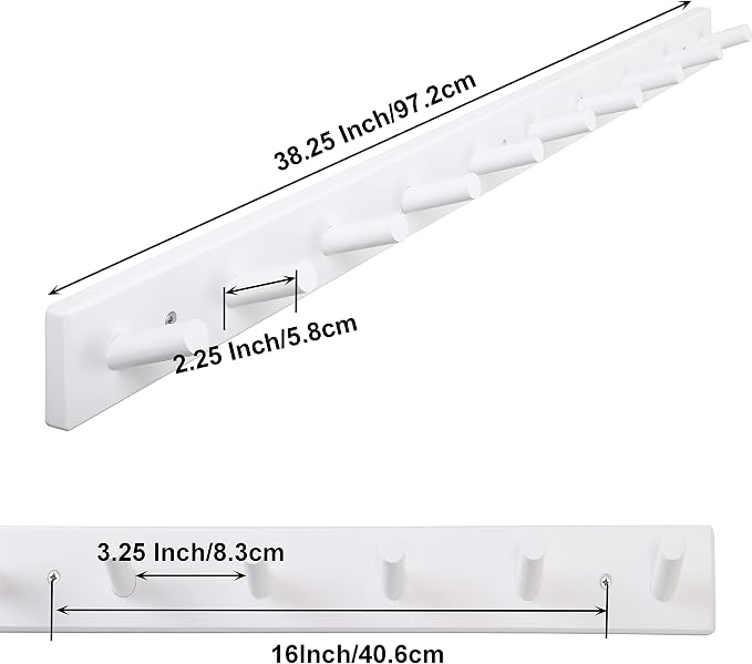 SKOLOO Wood Coat Rack Wall Mounted,10 Peg Long Bamboo Hook for Hanging Backpack Coat Towel Hat,16'' Hole to Hole,White