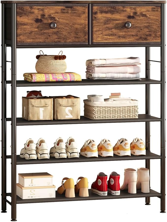 INGIORDAR 5 Tier Shoe Rack Storage Organizer with 2 Drawers MDF Board | Metal space-saving Shoe Shelf stores 20 Pairs of Shoes for Closet Entryway Bedroom Living Room Garage Black+Rustic Brown