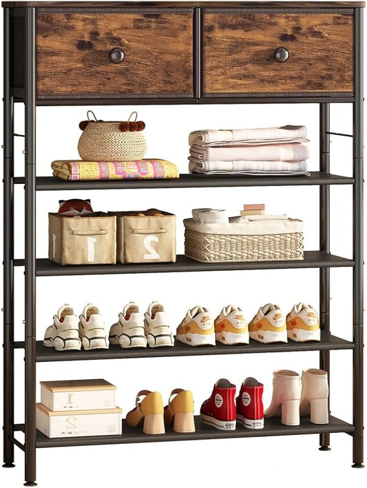 INGIORDAR 5 Tier Shoe Rack Storage Organizer with 2 Drawers MDF Board | Metal space-saving Shoe Shelf stores 20 Pairs of Shoes for Closet Entryway Bedroom Living Room Garage Black+Rustic Brown