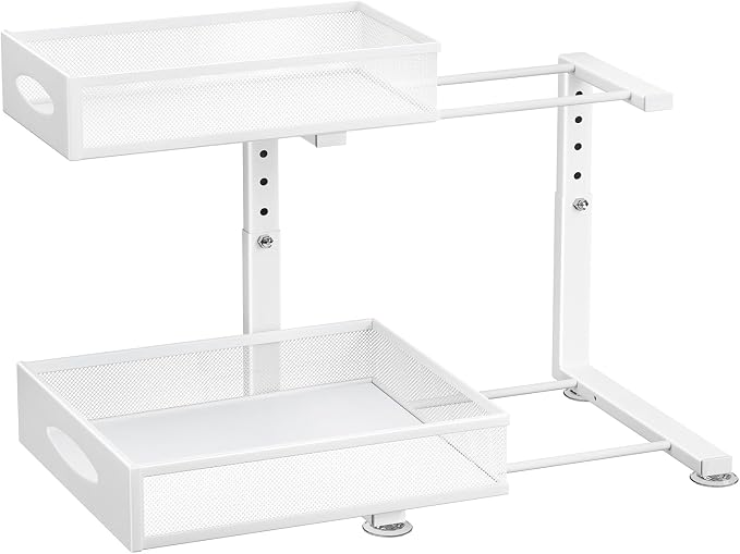 Under Sink Organizer, 1-Pack Pull Out Cabinet Organizer 2 Tier Metal Slide Out Storage Shelf Rack, L-Shaped Adjustable Height,Mesh Sliding Drawer for Kitchen, Bathroom, Laundry, Pantry, White, XL